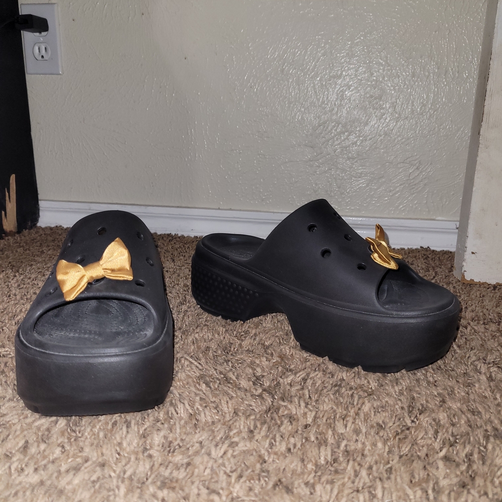 CROCS Black Mules with Gold Bow